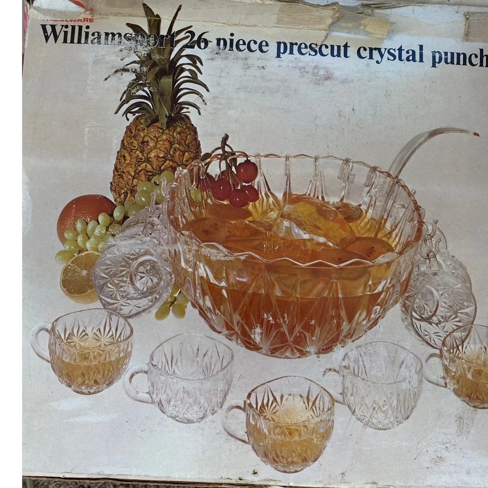 Williamsport  Vintage 12 Pc Prescut Crystal Punch Bowl Set w 10 Cups + Ladle